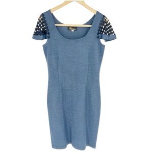 Elana Blue Wool Blend Mini Dress with Crochet Sleeve Detail